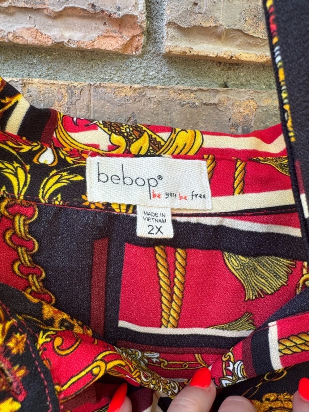 BeBop Red, Black & Gold Patterned Long Sleeve Dress - Picture 2 of 2
